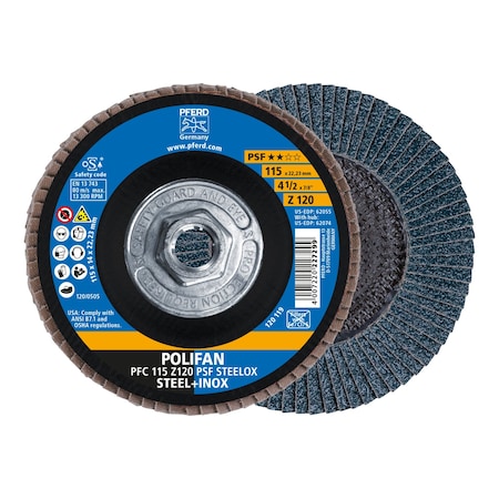 Pferd 4-1/2" x 5/8-11 Thd. POLIFAN Flap Disc - Z PSF STEELOX, Zirconia, 120 Grit, Conical 62074